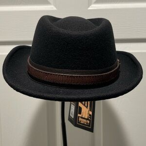 🛑 Black Fedora Hat by Brooklyn Hat Company with Brown Leather-Look Band